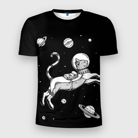 Мужская футболка 3D Slim с принтом котик в открытом космосе в Санкт-Петербурге, 100% полиэстер с улучшенными характеристиками | приталенный силуэт, круглая горловина, широкие плечи, сужается к линии бедра | cat | cosmos | астронавт | астрономия | вселенная | галактика | звезды | инопланетяне | космос | кот | котик | кошка | невесомость | нло