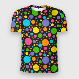 Мужская футболка 3D Slim с принтом Радужный горошек в Новосибирске, 100% полиэстер с улучшенными характеристиками | приталенный силуэт, круглая горловина, широкие плечи, сужается к линии бедра | Тематика изображения на принте: абстракция | горошек | круги | кружки | радуга | радужный | точки