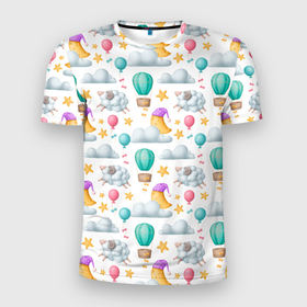 Мужская футболка 3D Slim с принтом Спокойной ночи  паттерн  сон в Новосибирске, 100% полиэстер с улучшенными характеристиками | приталенный силуэт, круглая горловина, широкие плечи, сужается к линии бедра | на ночь | ночь | облачка | приснилось | сноведения | сны | сон | спокойной ночи
