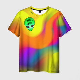 Мужская футболка 3D с принтом Chill out зеленый человечек в Санкт-Петербурге, 100% полиэфир | прямой крой, круглый вырез горловины, длина до линии бедер | chill | chill out | out | rainbow | ufo | зеленый человечек | нло | пришелец | радуга | силаут | уфо | чилаут | чилим