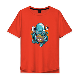 Мужская футболка хлопок Oversize с принтом Octopus Eating Ramen в Петрозаводске, 100% хлопок | свободный крой, круглый ворот, “спинка” длиннее передней части | anime | asian | food | азия | аниме | вкусный | вода | волна | еда | животные | китай | корея | лапша | море | океан | осьминог | рамен | япония