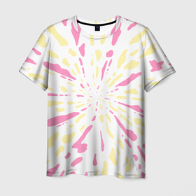 Мужская футболка 3D с принтом розовый с желтым принт тай дай в Екатеринбурге, 100% полиэфир | прямой крой, круглый вырез горловины, длина до линии бедер | Тематика изображения на принте: tiedye | веселый принт | детский принт | желтый | летний принт | лето | пастельный принт | принт тайдай | разноцветные пятна | разноцветный принт | розовый | тай дай | хиппи