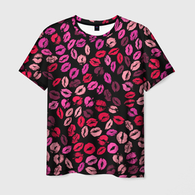 Мужская футболка 3D с принтом Покрытый поцелуями в Новосибирске, 100% полиэфир | прямой крой, круглый вырез горловины, длина до линии бедер | Тематика изображения на принте: губы | любовь | отпечаток | паттерн | помада | розовый | романтика | след
