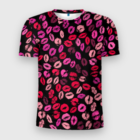 Мужская футболка 3D Slim с принтом Покрытый поцелуями в Новосибирске, 100% полиэстер с улучшенными характеристиками | приталенный силуэт, круглая горловина, широкие плечи, сужается к линии бедра | губы | любовь | отпечаток | паттерн | помада | розовый | романтика | след