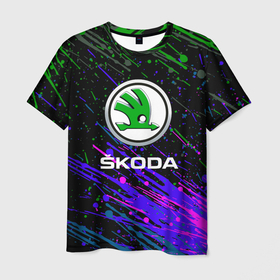Мужская футболка 3D с принтом Skoda разноцветные брызги , 100% полиэфир | прямой крой, круглый вырез горловины, длина до линии бедер | Тематика изображения на принте: auto | shkoda | skoda | авто | автомобиль | бренд | марка | шкода