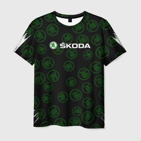 Мужская футболка 3D с принтом Skoda паттерн логотипов. , 100% полиэфир | прямой крой, круглый вырез горловины, длина до линии бедер | Тематика изображения на принте: auto | shkoda | skoda | авто | автомобиль | бренд | марка | шкода