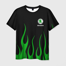 Мужская футболка 3D с принтом Skoda огонь в Новосибирске, 100% полиэфир | прямой крой, круглый вырез горловины, длина до линии бедер | Тематика изображения на принте: auto | shkoda | skoda | авто | автомобиль | бренд | марка | шкода