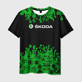 Мужская футболка 3D с принтом Skoda паттерн логотипов авто , 100% полиэфир | прямой крой, круглый вырез горловины, длина до линии бедер | auto | shkoda | skoda | авто | автомобиль | бренд | марка | шкода