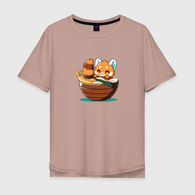 Мужская футболка хлопок Oversize с принтом Inside Ramen Bowl в Санкт-Петербурге, 100% хлопок | свободный крой, круглый ворот, “спинка” длиннее передней части | anime | dood | fox | аниме | вкусный | голодный | еда | креветка | лапочка | лапша | лиса | лисенок | милый | мимими | рамен