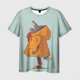 Мужская футболка 3D с принтом Волк любитель снега в Петрозаводске, 100% полиэфир | прямой крой, круглый вырез горловины, длина до линии бедер | Тематика изображения на принте: волк | животное | зима | модный | снег | хищник