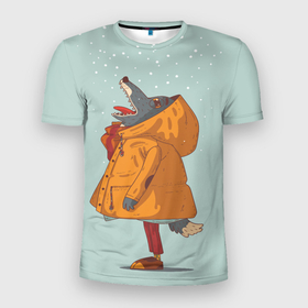 Мужская футболка 3D Slim с принтом Волк любитель снега в Петрозаводске, 100% полиэстер с улучшенными характеристиками | приталенный силуэт, круглая горловина, широкие плечи, сужается к линии бедра | Тематика изображения на принте: волк | животное | зима | модный | снег | хищник
