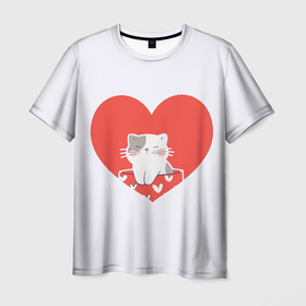 Мужская футболка 3D с принтом Котик желает любви в Петрозаводске, 100% полиэфир | прямой крой, круглый вырез горловины, длина до линии бедер | cat | love | valentine | котик | любовь | сердце