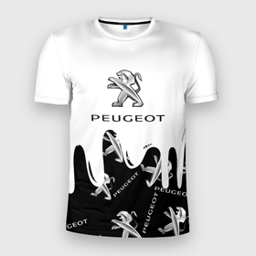 Мужская футболка 3D Slim с принтом Peugeot подтёки паттерн в Петрозаводске, 100% полиэстер с улучшенными характеристиками | приталенный силуэт, круглая горловина, широкие плечи, сужается к линии бедра | auto | peugeot | авто | автомобиль | бренд | марка | машины | пежо
