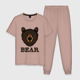 Мужская пижама хлопок с принтом Пиксельный медведь в Новосибирске, 100% хлопок | брюки и футболка прямого кроя, без карманов, на брюках мягкая резинка на поясе и по низу штанин
 | Тематика изображения на принте: bear | grizzly | kuma | гриззли | гризли | грозный | крутой | медведь | медвежонок | мишка | пиксель | хищник