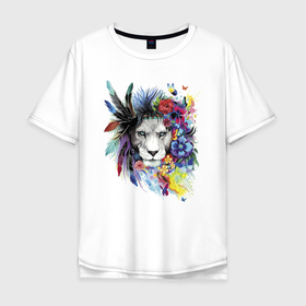 Мужская футболка хлопок Oversize с принтом Color lion в Санкт-Петербурге, 100% хлопок | свободный крой, круглый ворот, “спинка” длиннее передней части | butterfly | color | eyes | flowers | lion | muzzle | бабочка | глаза | лев | цвет | цветы