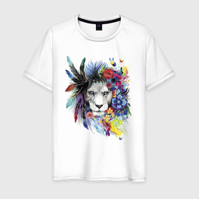 Мужская футболка хлопок с принтом Color lion , 100% хлопок | прямой крой, круглый вырез горловины, длина до линии бедер, слегка спущенное плечо. | butterfly | color | eyes | flowers | lion | muzzle | бабочка | глаза | лев | цвет | цветы