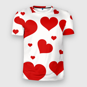 Мужская футболка 3D Slim с принтом Красные сердечки Heart , 100% полиэстер с улучшенными характеристиками | приталенный силуэт, круглая горловина, широкие плечи, сужается к линии бедра | heart | love | день святого валентина | любовь | сердца