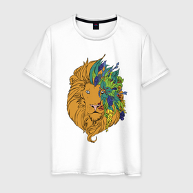 Мужская футболка хлопок с принтом Цветочный лев в Санкт-Петербурге, 100% хлопок | прямой крой, круглый вырез горловины, длина до линии бедер, слегка спущенное плечо. | eyes | flowers | lion | mane | muzzle | view | взгляд | глаза | грива | лев | цветы