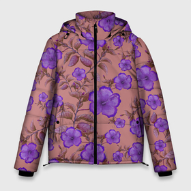 Мужская зимняя куртка 3D с принтом Фиолетовые гибискусы на светло бежевом фоне в Курске, верх — 100% полиэстер; подкладка — 100% полиэстер; утеплитель — 100% полиэстер | длина ниже бедра, свободный силуэт Оверсайз. Есть воротник-стойка, отстегивающийся капюшон и ветрозащитная планка. 

Боковые карманы с листочкой на кнопках и внутренний карман на молнии. | Тематика изображения на принте: 8 марта | flowers | hibiscus | leaves | plants | бежевый | ботаническая иллюстрация | весна | гибискус | лето | листья | праздник | природа | растения | фиолетовый | флора | цветы