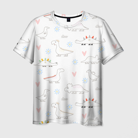 Мужская футболка 3D с принтом ДиноМир в Белгороде, 100% полиэфир | прямой крой, круглый вырез горловины, длина до линии бедер | детский | дино | динозавр | динозавры | для детей | дракон | животные | звери | минимализм | мультфильм | паттерн | рисунок | сердечко | сердце