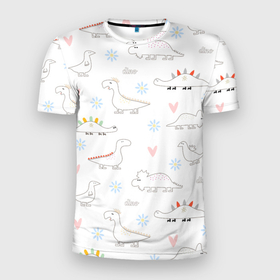 Мужская футболка 3D Slim с принтом ДиноМир в Новосибирске, 100% полиэстер с улучшенными характеристиками | приталенный силуэт, круглая горловина, широкие плечи, сужается к линии бедра | детский | дино | динозавр | динозавры | для детей | дракон | животные | звери | минимализм | мультфильм | паттерн | рисунок | сердечко | сердце