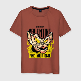 Мужская футболка хлопок с принтом Она моя Валентинка , 100% хлопок | прямой крой, круглый вырез горловины, длина до линии бедер, слегка спущенное плечо. | art | cat | fire | love | valentine | valentines day | арт | валентинка | день влюбленных | день святого валентина | кот | любовь | огонь