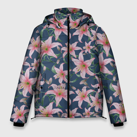 Мужская зимняя куртка 3D с принтом Розовые лилии на темно синем фоне в Тюмени, верх — 100% полиэстер; подкладка — 100% полиэстер; утеплитель — 100% полиэстер | длина ниже бедра, свободный силуэт Оверсайз. Есть воротник-стойка, отстегивающийся капюшон и ветрозащитная планка. 

Боковые карманы с листочкой на кнопках и внутренний карман на молнии. | buds | flowers | leaves | lilies | plants | ботаническая иллюстрация | бутоны | весна | зеленый | лето | лилии | листья | паттерн | природа | растения | розовый | синий | флора | цветы