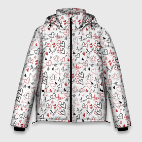 Мужская зимняя куртка 3D с принтом Valentines Pattern в Белгороде, верх — 100% полиэстер; подкладка — 100% полиэстер; утеплитель — 100% полиэстер | длина ниже бедра, свободный силуэт Оверсайз. Есть воротник-стойка, отстегивающийся капюшон и ветрозащитная планка. 

Боковые карманы с листочкой на кнопках и внутренний карман на молнии. | arrows | art | background | hearts | love | pattern | texture | valentines day | арт | день влюбленных | день святого валентина | любовь | паттерн | сердечки | сердце | стрелы | текстура | фон