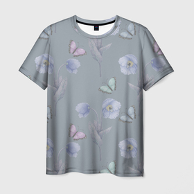 Мужская футболка 3D с принтом Бабочки и цветы голубого мака в Новосибирске, 100% полиэфир | прямой крой, круглый вырез горловины, длина до линии бедер | 8 марта | buds | butterflies | flowers | poppy | бабочки | ботаническая иллюстрация | бутоны | весна | вода | лето | листья | мак | паттерн | природа | растения | розовый | серый | флора | цветы