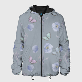 Мужская куртка 3D с принтом Бабочки и цветы голубого мака в Курске, ткань верха — 100% полиэстер, подклад — флис | прямой крой, подол и капюшон оформлены резинкой с фиксаторами, два кармана без застежек по бокам, один большой потайной карман на груди. Карман на груди застегивается на липучку | 8 марта | buds | butterflies | flowers | poppy | бабочки | ботаническая иллюстрация | бутоны | весна | вода | лето | листья | мак | паттерн | природа | растения | розовый | серый | флора | цветы