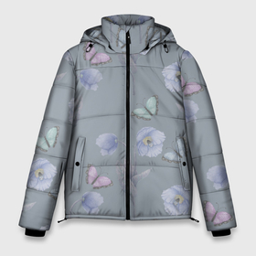 Мужская зимняя куртка 3D с принтом Бабочки и цветы голубого мака , верх — 100% полиэстер; подкладка — 100% полиэстер; утеплитель — 100% полиэстер | длина ниже бедра, свободный силуэт Оверсайз. Есть воротник-стойка, отстегивающийся капюшон и ветрозащитная планка. 

Боковые карманы с листочкой на кнопках и внутренний карман на молнии. | Тематика изображения на принте: 8 марта | buds | butterflies | flowers | poppy | бабочки | ботаническая иллюстрация | бутоны | весна | вода | лето | листья | мак | паттерн | природа | растения | розовый | серый | флора | цветы