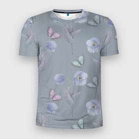 Мужская футболка 3D Slim с принтом Бабочки и цветы голубого мака в Тюмени, 100% полиэстер с улучшенными характеристиками | приталенный силуэт, круглая горловина, широкие плечи, сужается к линии бедра | 8 марта | buds | butterflies | flowers | poppy | бабочки | ботаническая иллюстрация | бутоны | весна | вода | лето | листья | мак | паттерн | природа | растения | розовый | серый | флора | цветы