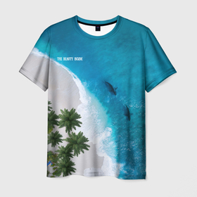 Мужская футболка 3D с принтом the beauty inside в Санкт-Петербурге, 100% полиэфир | прямой крой, круглый вырез горловины, длина до линии бедер | акула | лето | море | отдых | пальма | пальмы | рыбы