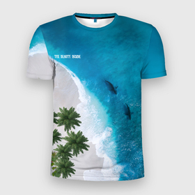 Мужская футболка 3D Slim с принтом the beauty inside в Петрозаводске, 100% полиэстер с улучшенными характеристиками | приталенный силуэт, круглая горловина, широкие плечи, сужается к линии бедра | Тематика изображения на принте: акула | лето | море | отдых | пальма | пальмы | рыбы