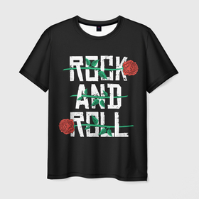 Мужская футболка 3D с принтом ROCK AND ROLL (розы) в Кировске, 100% полиэфир | прямой крой, круглый вырез горловины, длина до линии бедер | anarchy | garage rock | grunge | hard rock | heavy metal | metal | music | punk rock | punks not dead | rock music | rocker | rocknroll | thrash metal | анархия | гаражный рок | гитара | гранж | металл | музыка | панк рок | рок музыка | рок н ролл | рокер