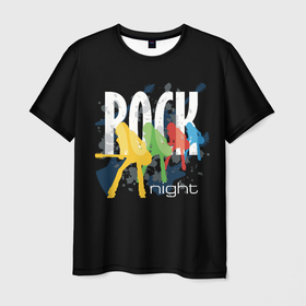 Мужская футболка 3D с принтом Rock Night в Новосибирске, 100% полиэфир | прямой крой, круглый вырез горловины, длина до линии бедер | anarchy | garage rock | grunge | hard rock | heavy metal | metal | music | punk rock | punks not dead | rock music | rocker | rocknroll | thrash metal | анархия | гаражный рок | гитара | гранж | металл | музыка | панк рок | рок музыка | рок н ролл | рокер