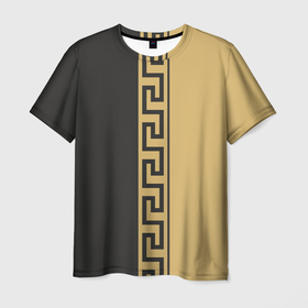 Мужская футболка 3D с принтом Узор Версачи в Тюмени, 100% полиэфир | прямой крой, круглый вырез горловины, длина до линии бедер | золотой | орнамент | полоса с узором | рисунок | узор версачи | черно золотой | черный