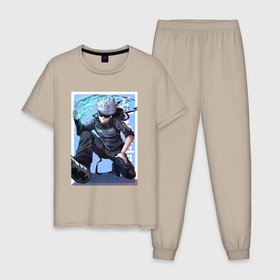 Мужская пижама хлопок с принтом Сатору art в Курске, 100% хлопок | брюки и футболка прямого кроя, без карманов, на брюках мягкая резинка на поясе и по низу штанин
 | anime | jujutsu kaisen 0 | аниме | анимэ | магическая битва 0 | сатору гёдзё