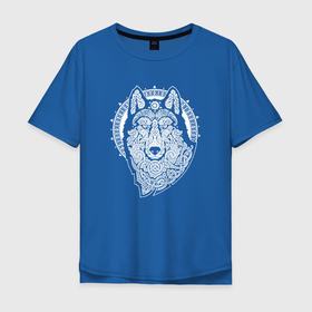 Мужская футболка хлопок Oversize с принтом Northern Wolf в Новосибирске, 100% хлопок | свободный крой, круглый ворот, “спинка” длиннее передней части | Тематика изображения на принте: волк | волчица | дикий | древний | животные | звери | кружево | норвегия | норвежский | один | орнамент | руны | русь | северный | символ | символика | славянский | холодный