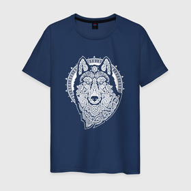 Мужская футболка хлопок с принтом Northern Wolf в Белгороде, 100% хлопок | прямой крой, круглый вырез горловины, длина до линии бедер, слегка спущенное плечо. | волк | волчица | дикий | древний | животные | звери | кружево | норвегия | норвежский | один | орнамент | руны | русь | северный | символ | символика | славянский | холодный