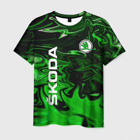 Мужская футболка 3D с принтом Skoda green sport в Кировске, 100% полиэфир | прямой крой, круглый вырез горловины, длина до линии бедер | auto | shkoda | skoda | авто | автомобиль | бренд | марка | шкода