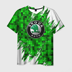 Мужская футболка 3D с принтом Skoda green мозаика в Тюмени, 100% полиэфир | прямой крой, круглый вырез горловины, длина до линии бедер | Тематика изображения на принте: auto | shkoda | skoda | авто | автомобиль | бренд | марка | шкода