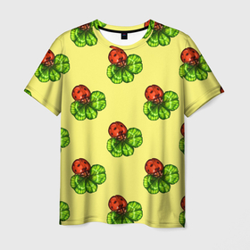 Мужская футболка 3D с принтом Божья коровка на клевере. Паттерн. в Санкт-Петербурге, 100% полиэфир | прямой крой, круглый вырез горловины, длина до линии бедер | акварель | божья коровка | желтый | зеленый | иллюстрация | клевер | коровка божья | листья | на счастье | насекомые | символ удачи | удача | четырехлистник | четырехлистный