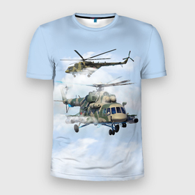 Мужская футболка 3D Slim с принтом Ми 8. Вертолёт в Новосибирске, 100% полиэстер с улучшенными характеристиками | приталенный силуэт, круглая горловина, широкие плечи, сужается к линии бедра | 23 февраля | army | military | soldier | армия | военные | военый | войска | день защитника отечества | милитари | солдат | солдаты | спецназ