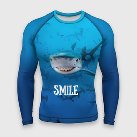 Мужской рашгард 3D с принтом акула смайл в Петрозаводске,  |  | Тематика изображения на принте: акула | арт | лето | море | рыбы | синий | улыбка