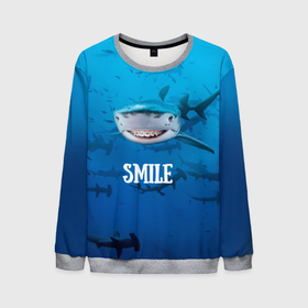 Мужской свитшот 3D с принтом акула смайл в Курске, 100% полиэстер с мягким внутренним слоем | круглый вырез горловины, мягкая резинка на манжетах и поясе, свободная посадка по фигуре | Тематика изображения на принте: акула | арт | лето | море | рыбы | синий | улыбка
