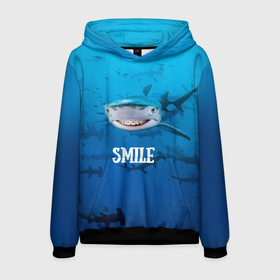 Мужская толстовка 3D с принтом акула смайл в Курске, 100% полиэстер | двухслойный капюшон со шнурком для регулировки, мягкие манжеты на рукавах и по низу толстовки, спереди карман-кенгуру с мягким внутренним слоем. | Тематика изображения на принте: акула | арт | лето | море | рыбы | синий | улыбка