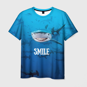 Мужская футболка 3D с принтом акула смайл в Новосибирске, 100% полиэфир | прямой крой, круглый вырез горловины, длина до линии бедер | Тематика изображения на принте: акула | арт | лето | море | рыбы | синий | улыбка