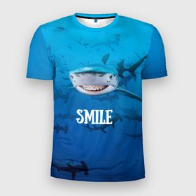 Мужская футболка 3D Slim с принтом акула смайл в Новосибирске, 100% полиэстер с улучшенными характеристиками | приталенный силуэт, круглая горловина, широкие плечи, сужается к линии бедра | Тематика изображения на принте: акула | арт | лето | море | рыбы | синий | улыбка