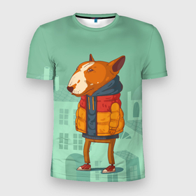 Мужская футболка 3D Slim с принтом Городской пес в Курске, 100% полиэстер с улучшенными характеристиками | приталенный силуэт, круглая горловина, широкие плечи, сужается к линии бедра | бультерьер | город | городской | животное | модный | собака